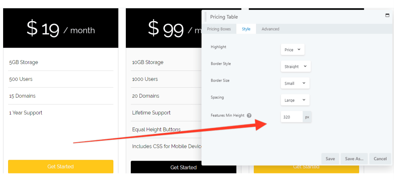 Beaver Builder Pricing Table Min Height